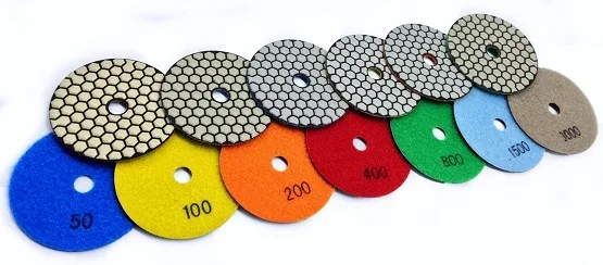 5-inch dry diamond polishing pads for marble, granite, quartz, stone, and concrete surfaces.