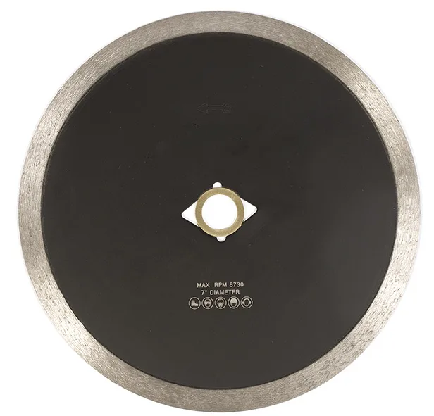 Continuous rim diamond blade for cutting porcelain tiles efficiently.