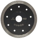 Thin rim diamond blade for cutting mesh porcelain surfaces efficiently and cleanly.